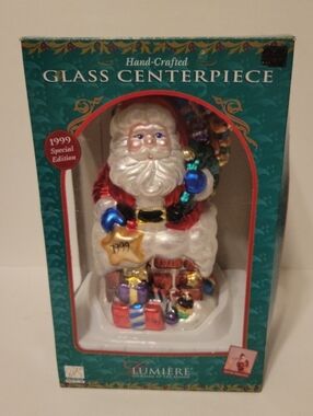 Vintage 1999 Lumiere Hand-Crafted Glass Centerpiece Santa - White & Red, In Box